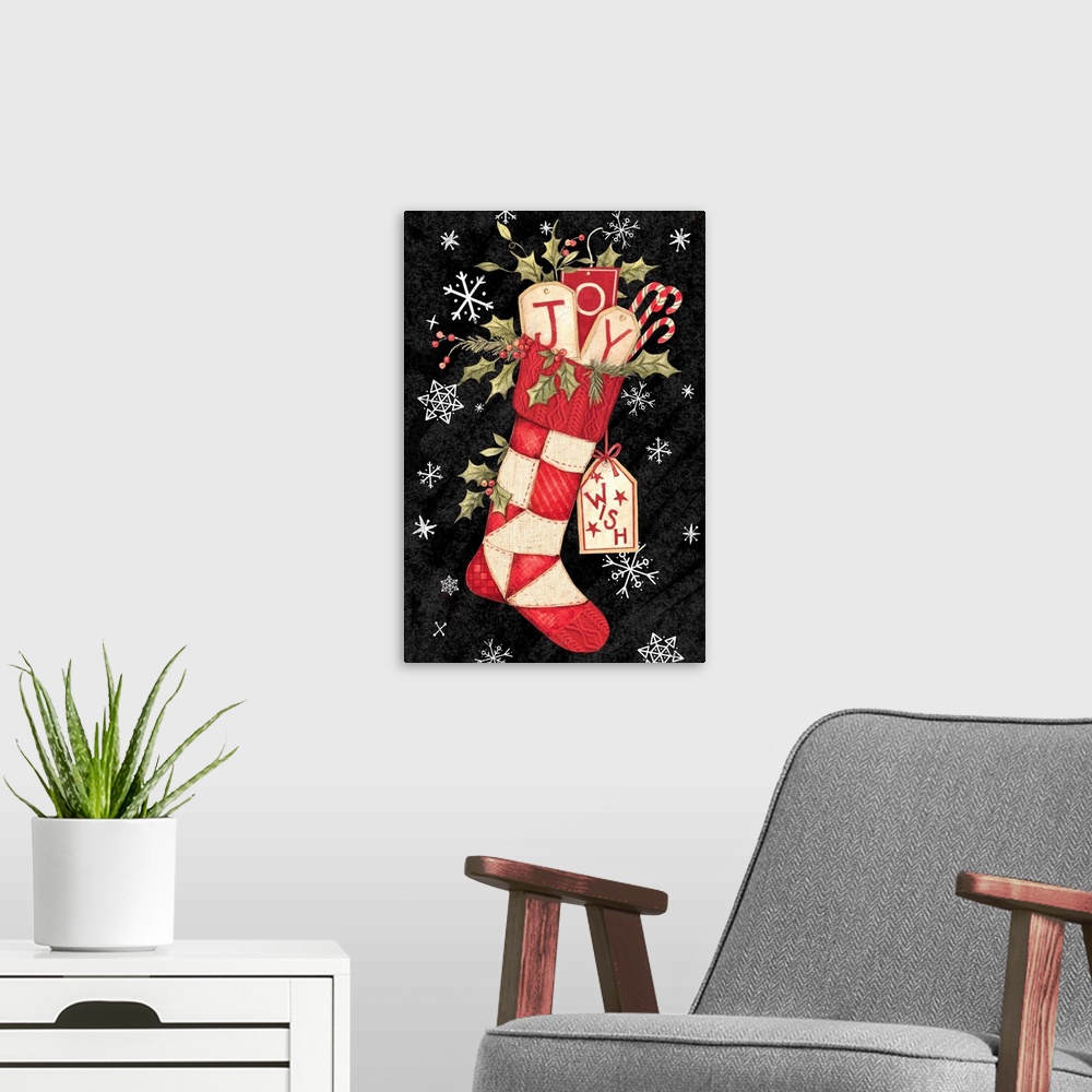 A modern room featuring A charming vintage stocking captures a rustic woodland holiday spirit.