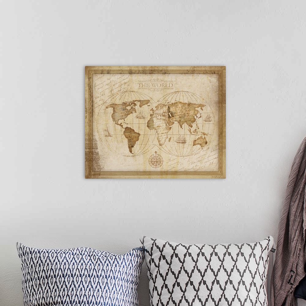 A bohemian room featuring Antique map of the world.