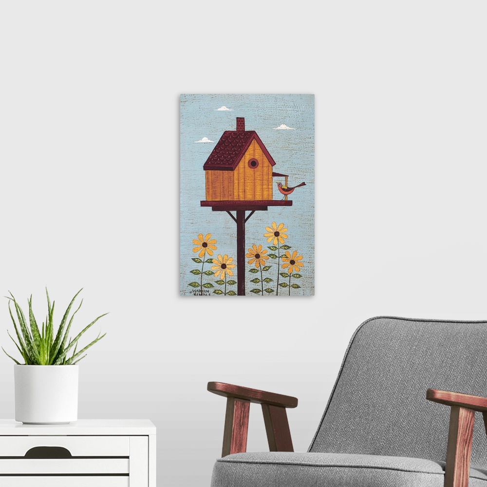 A modern room featuring Americana birdhouse by renowned artist Warren Kimble