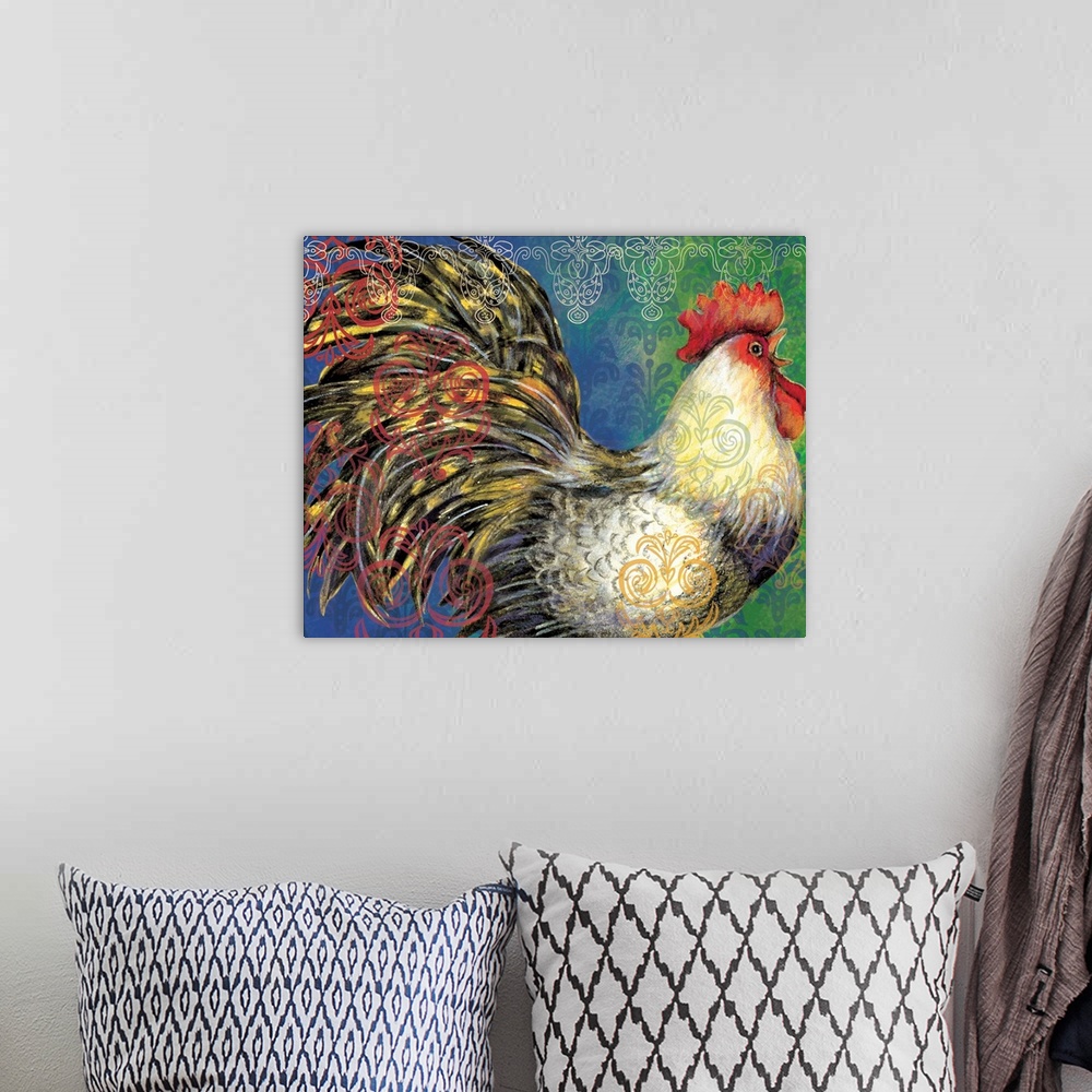 A bohemian room featuring Sophisticated country rooster adds elegant look to dining rooms, kitchens and more.