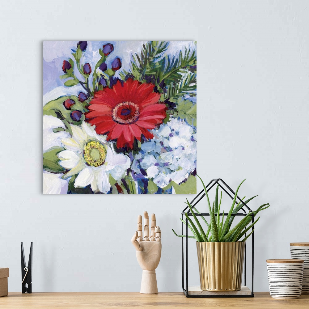 A bohemian room featuring This striking floral bouquet adds a dramatic statement to any room.