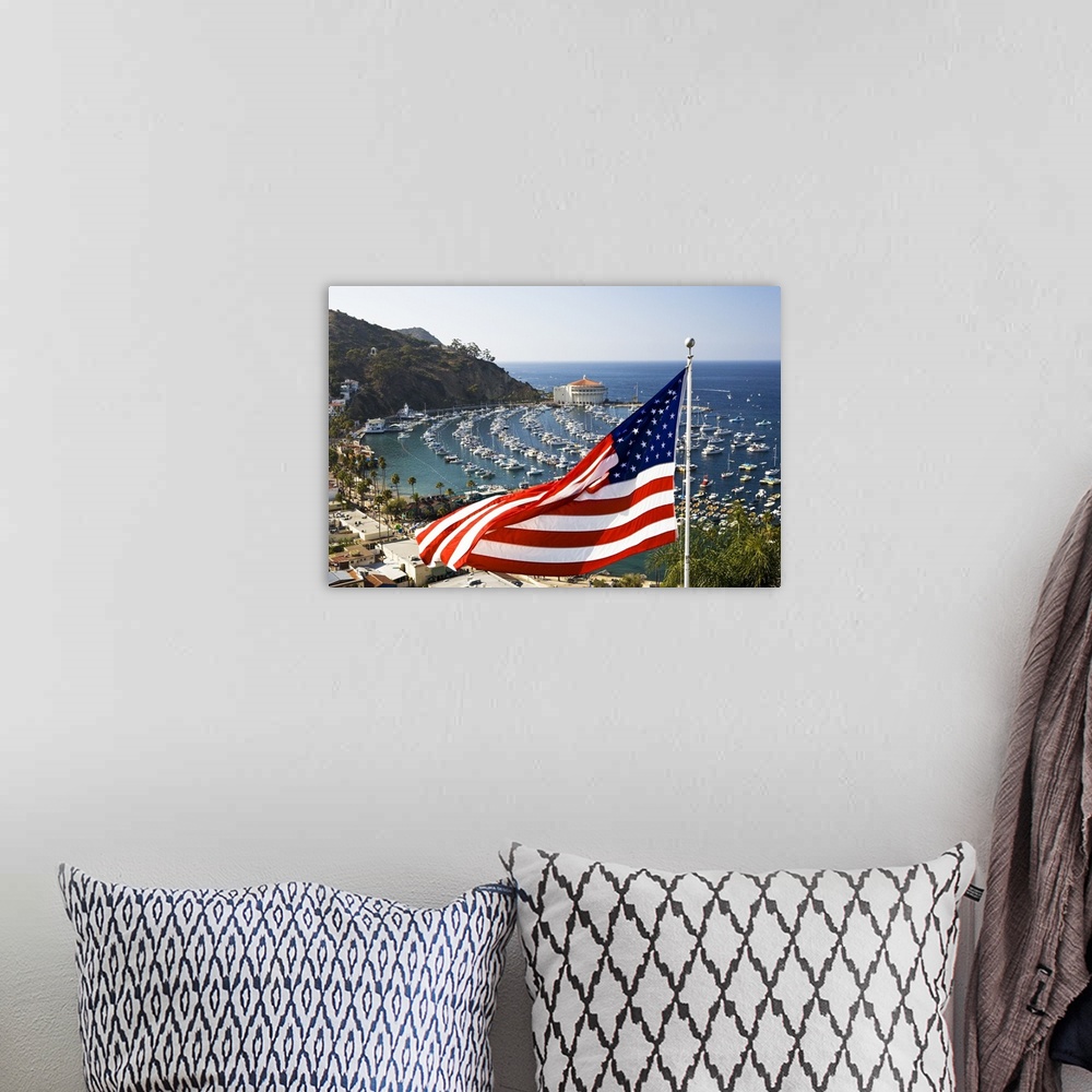 A bohemian room featuring USA, Catalina Island. This is the famous spot to photograph Avalon harbor. A house displays its p...
