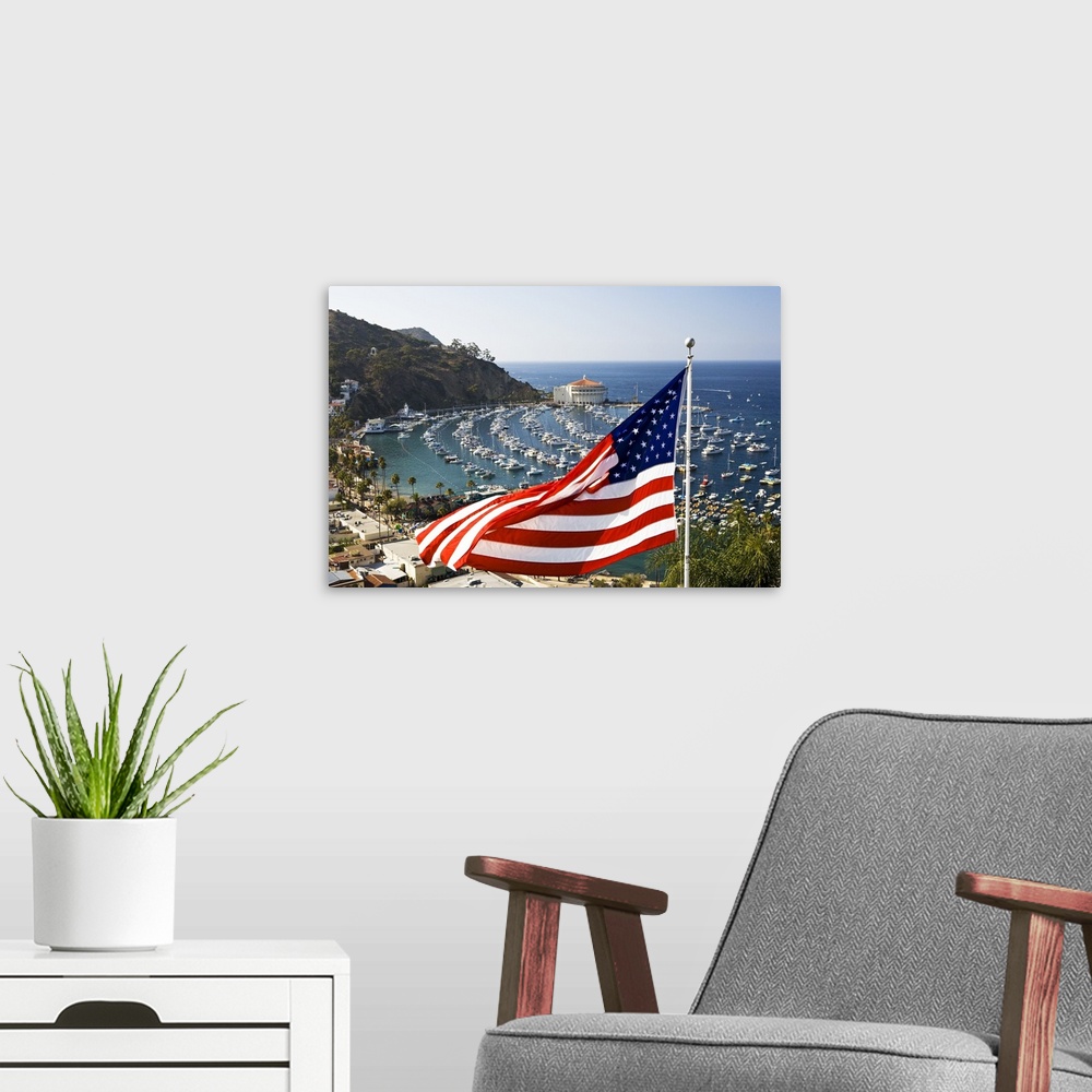 A modern room featuring USA, Catalina Island. This is the famous spot to photograph Avalon harbor. A house displays its p...
