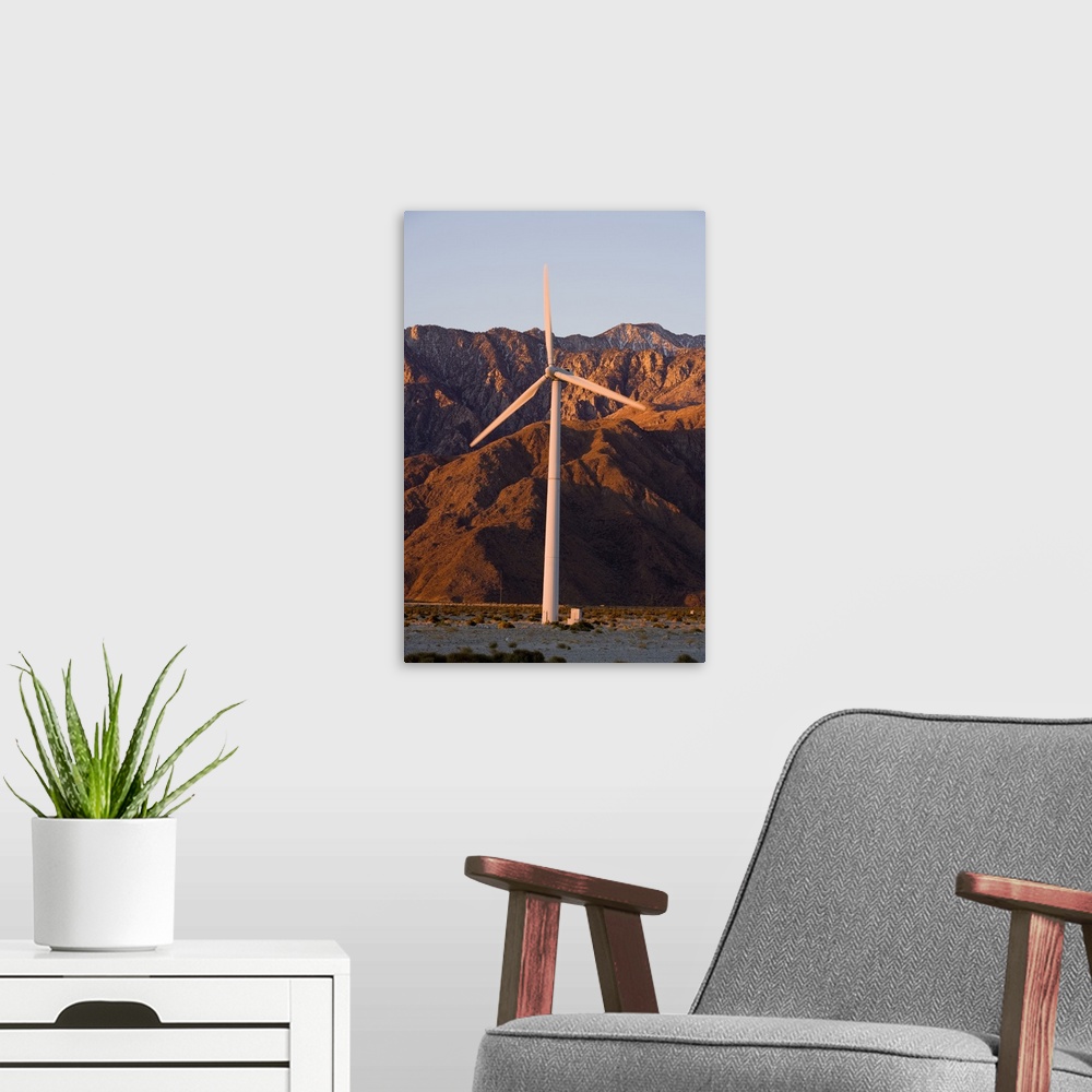 A modern room featuring A wind farm in the San Gorgonio Mountain Pass in Palm Springs, California.