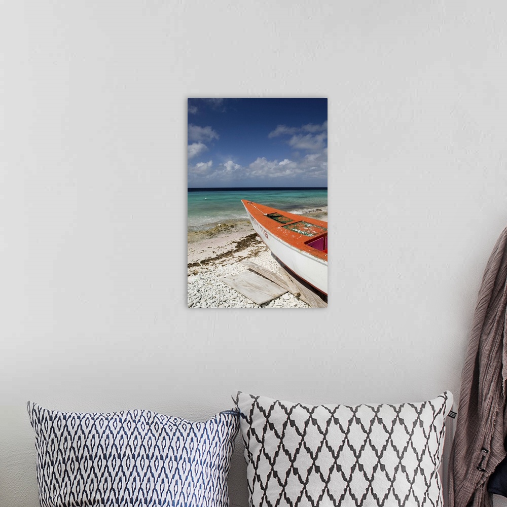 A bohemian room featuring ABC Islands-BONAIRE-Pink Beach:.Beach View with Fishing Boat