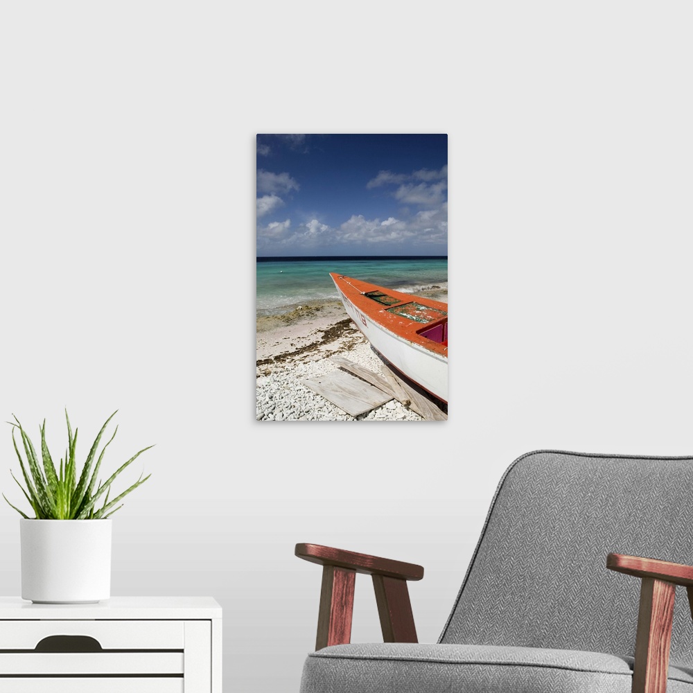 A modern room featuring ABC Islands-BONAIRE-Pink Beach:.Beach View with Fishing Boat