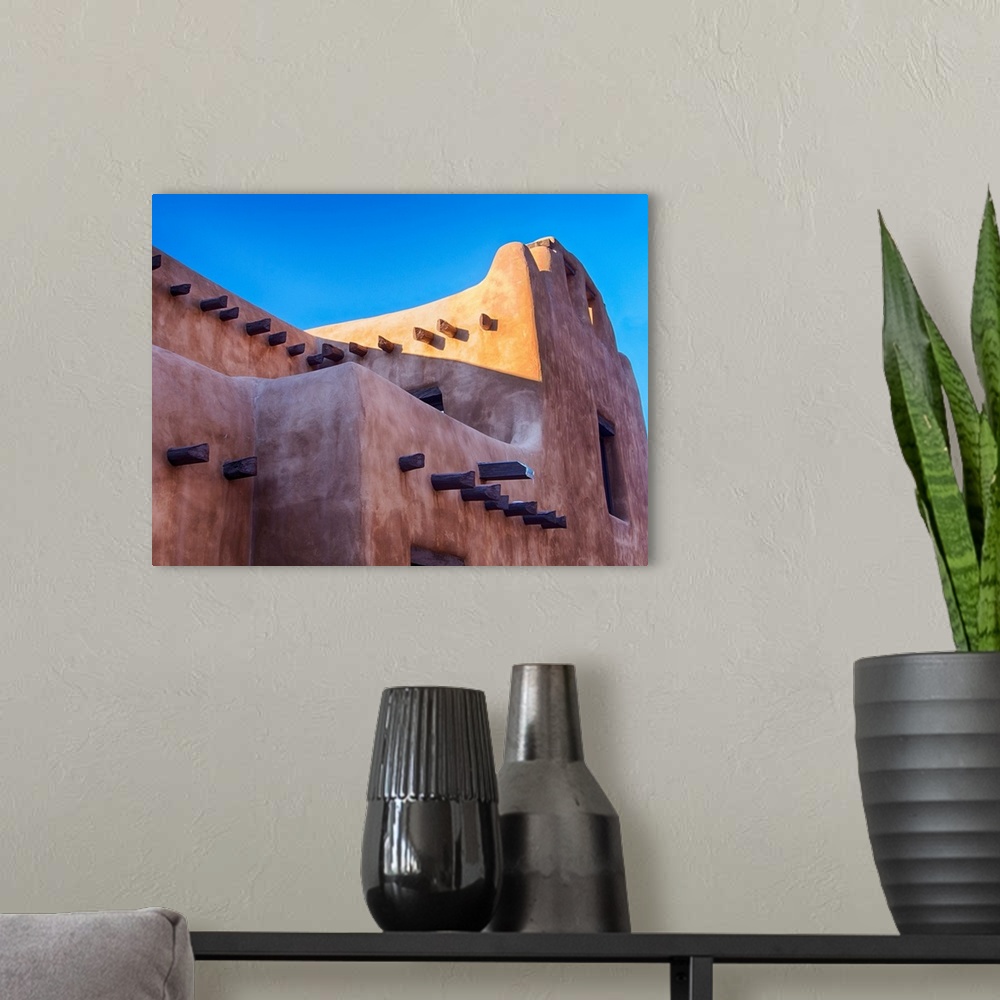 A modern room featuring North America, USA, New Mexico, Sant Fe, Adobe structure with protruding vigas and Snow