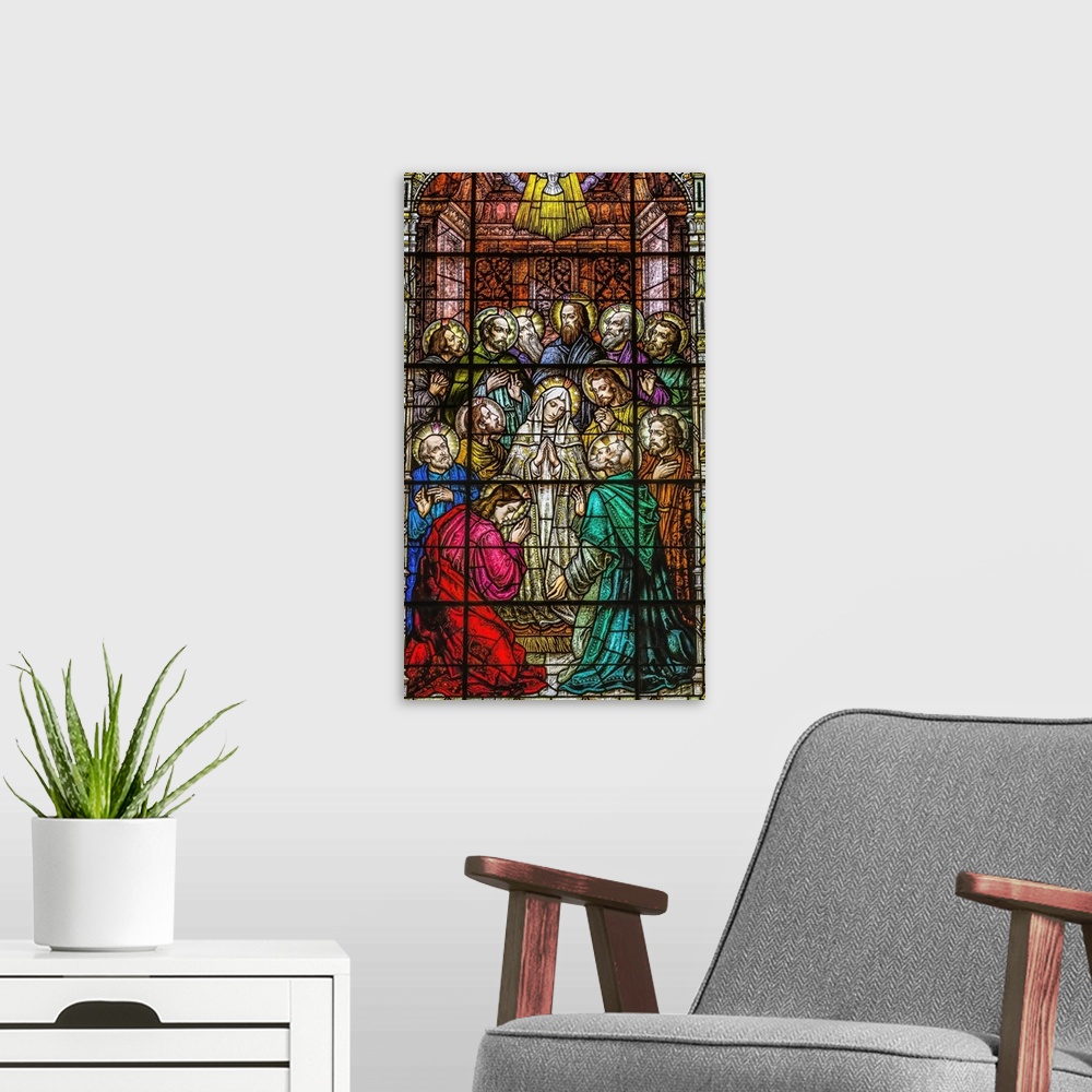 A modern room featuring Adoration of Virgin Mary Disciples stained glass Gesu Church, Miami, Florida. Built 1920's. Glass...