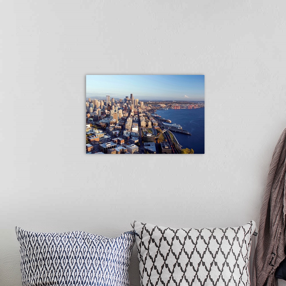 A bohemian room featuring Aerial view of downtown Seattle and Elliott Bay, Seattle, Washington.