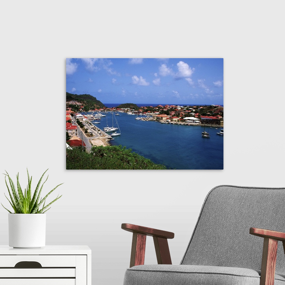 A modern room featuring Aerial view of Gustavia Port, St. Barths.