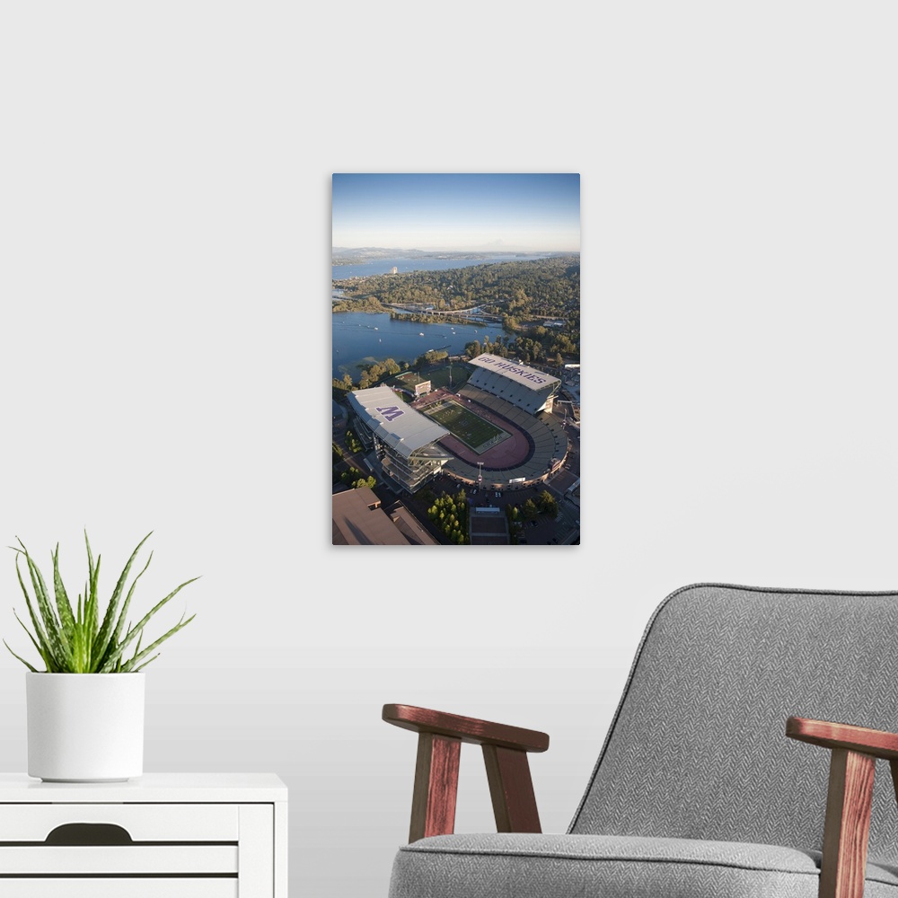 A modern room featuring Aerial view of Husky Stadium, Seattle, Washington.