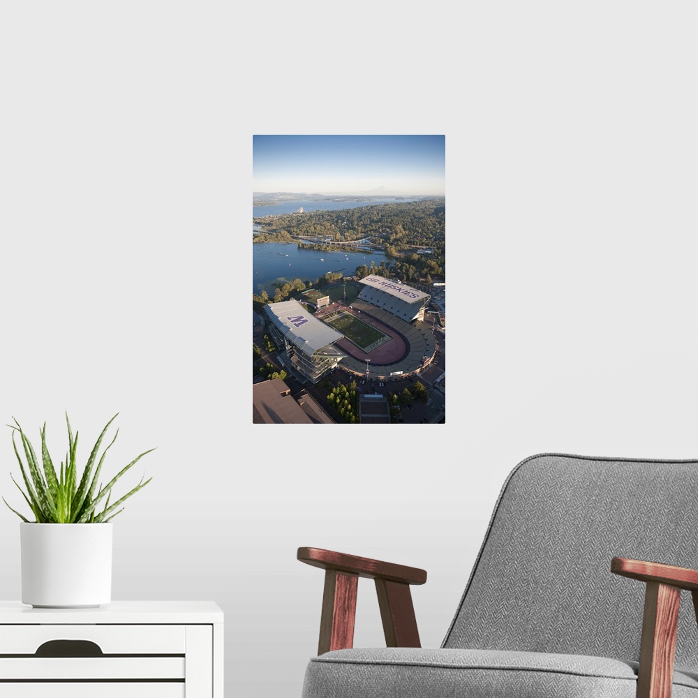 A modern room featuring Aerial view of Husky Stadium, Seattle, Washington.