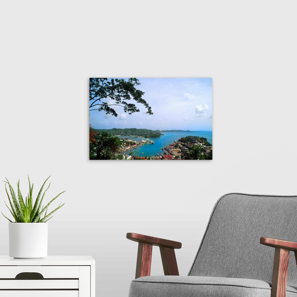 A modern room featuring Aerial from mountain of St Georges in Grenada Caribbean.