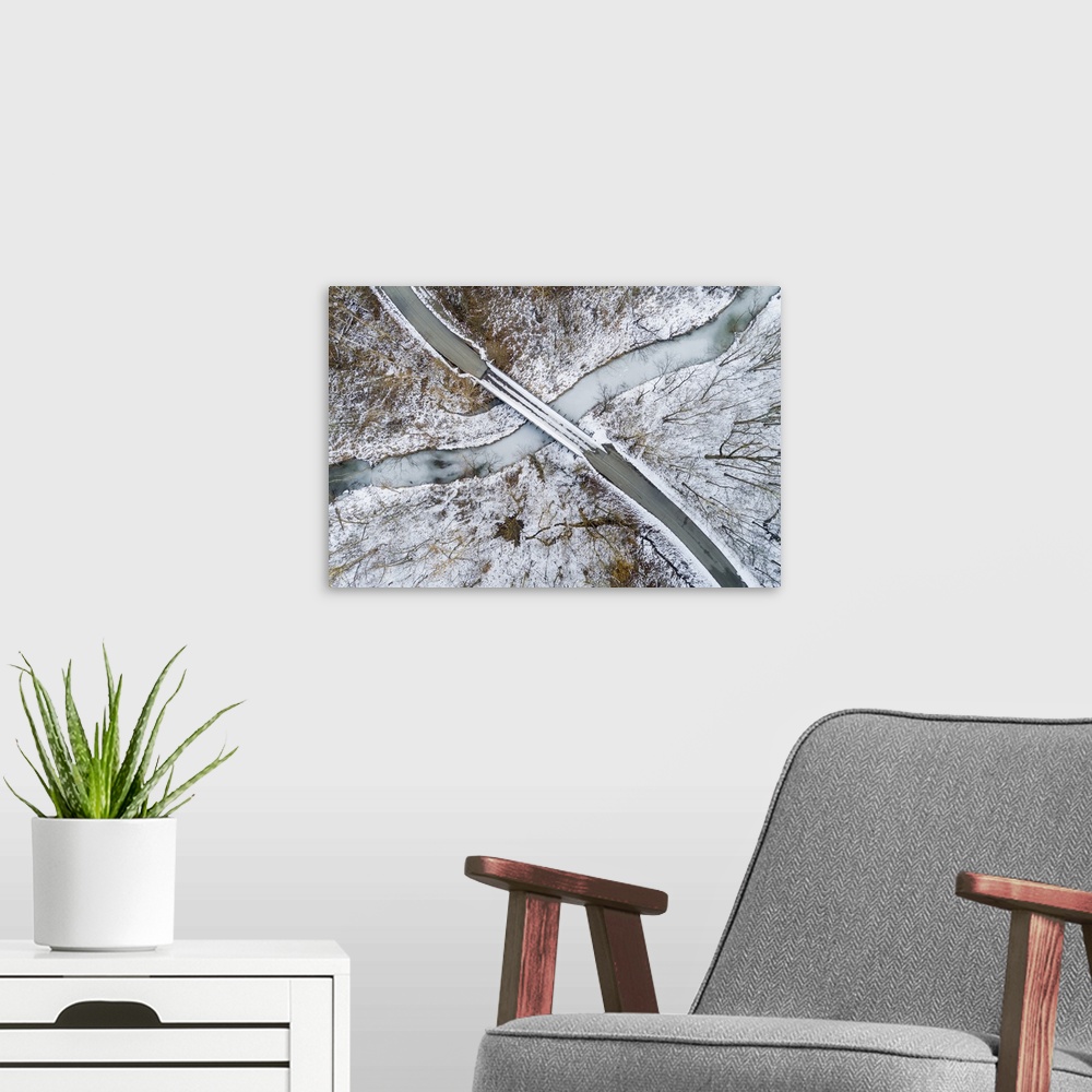 A modern room featuring Aerial view of winter forest, bridge, and creek Stephen A. Forbes state park, Marion county, Illi...