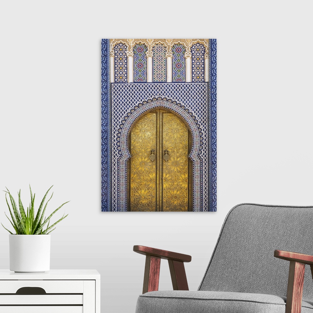 A modern room featuring Africa, Morocco, Fes. Detail of the King's Palace ornate doors.