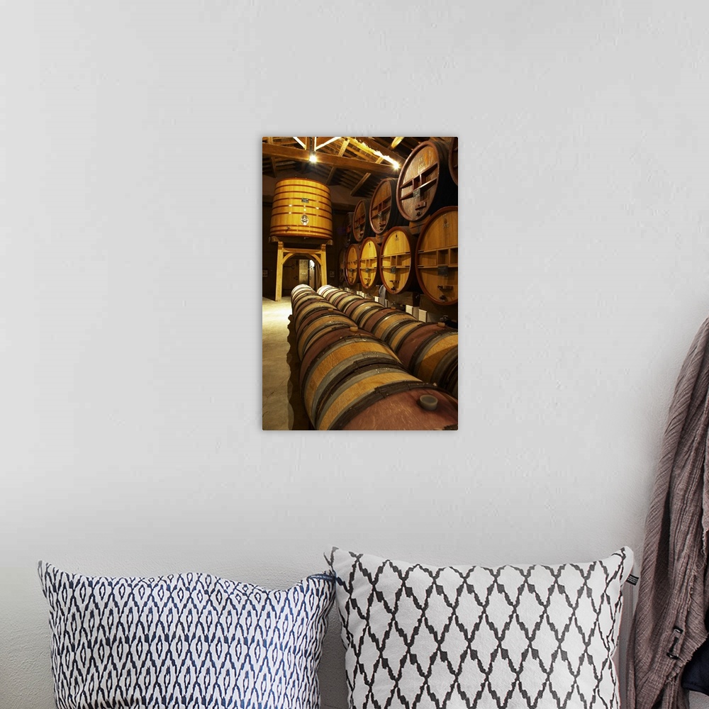 A bohemian room featuring The aging cellar with oak barrels and larger wooden vats.  Chateau de Beaucastel, Domaines Perrin...