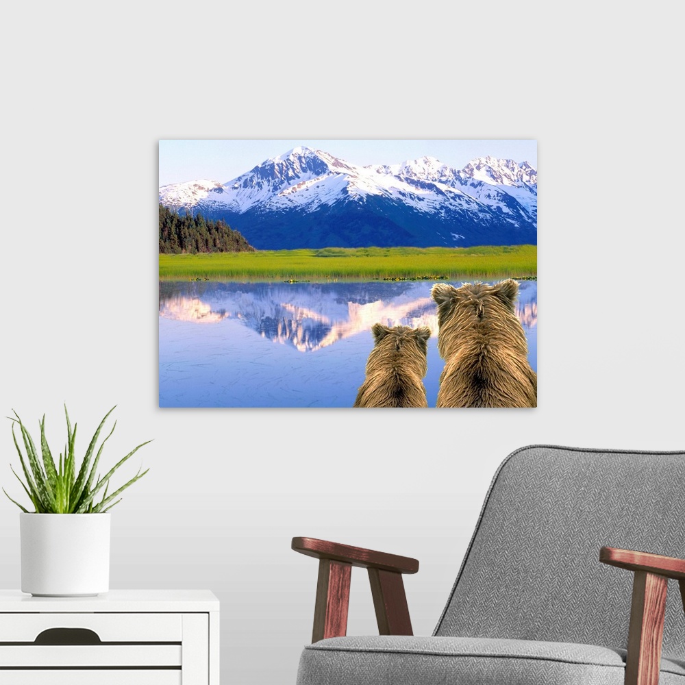 A modern room featuring Alaska Brown Bears (Ursus arctos) Alaska, Digital Composite.