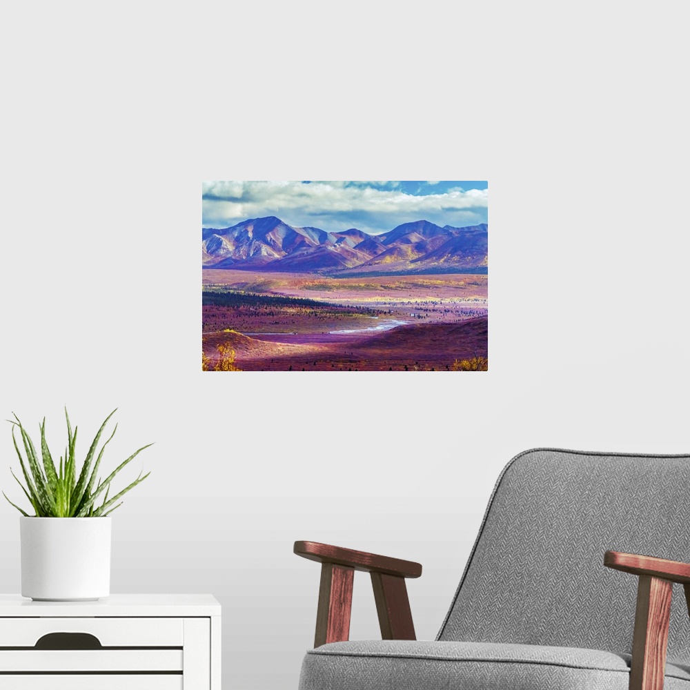 A modern room featuring Alaska, Denali National Park, Autumn Landscape Of Valley And Mountains