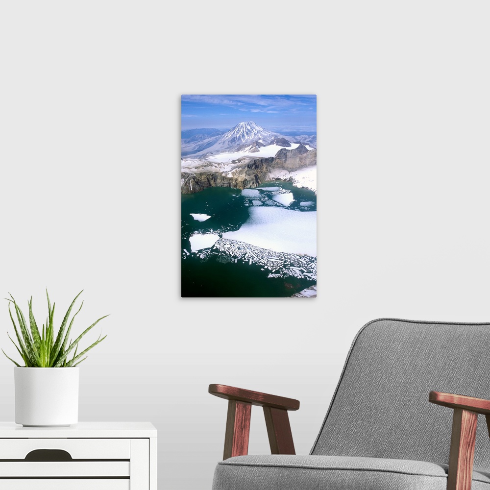 A modern room featuring North America, USA, Alaska, Katmai National Park. Aerial view of Mount Griggs towering behind the...