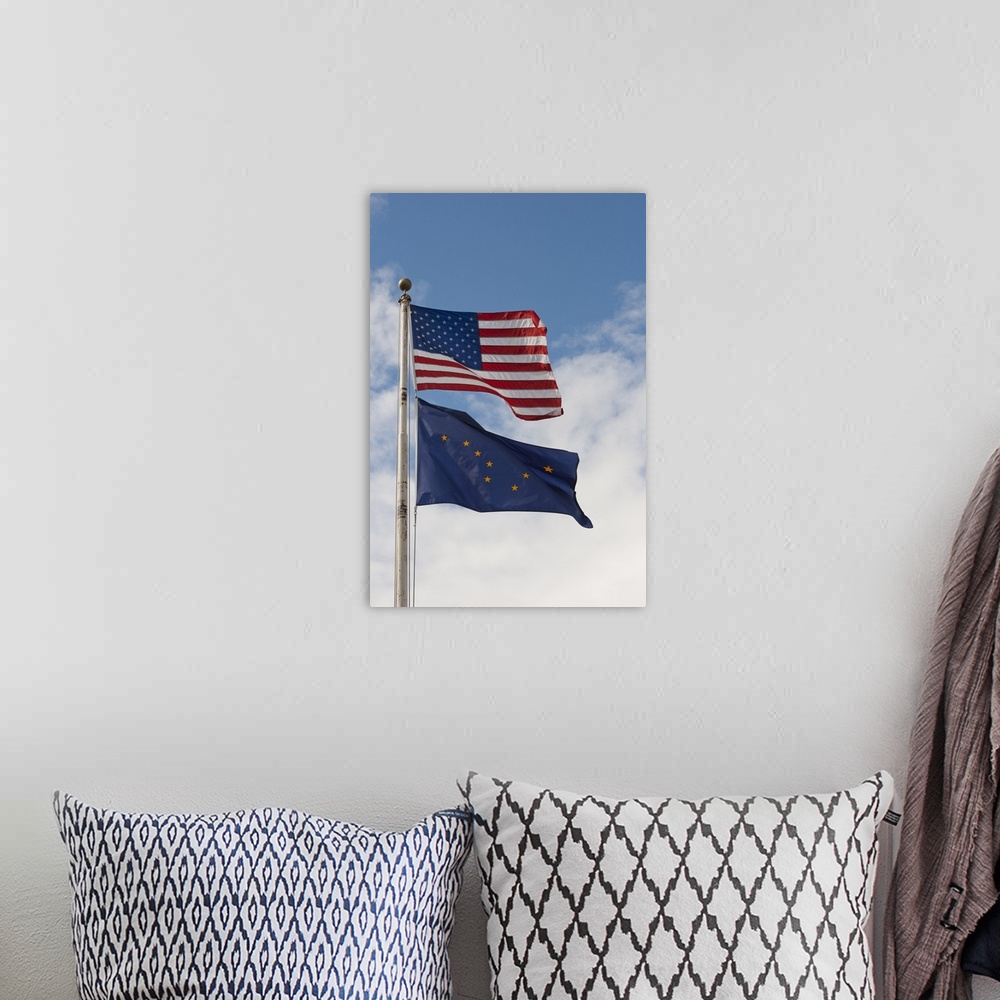 A bohemian room featuring USA, North America, Alaska, Kodiak, US and Alaska Flags.