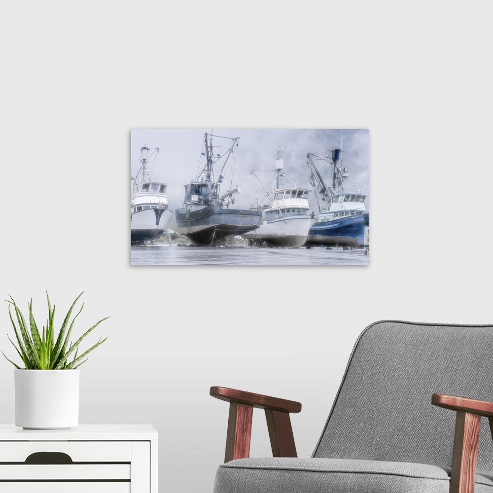 A modern room featuring Alaska, Valdez, Fishing Boats On Dry Dock, Artistic Rendering
