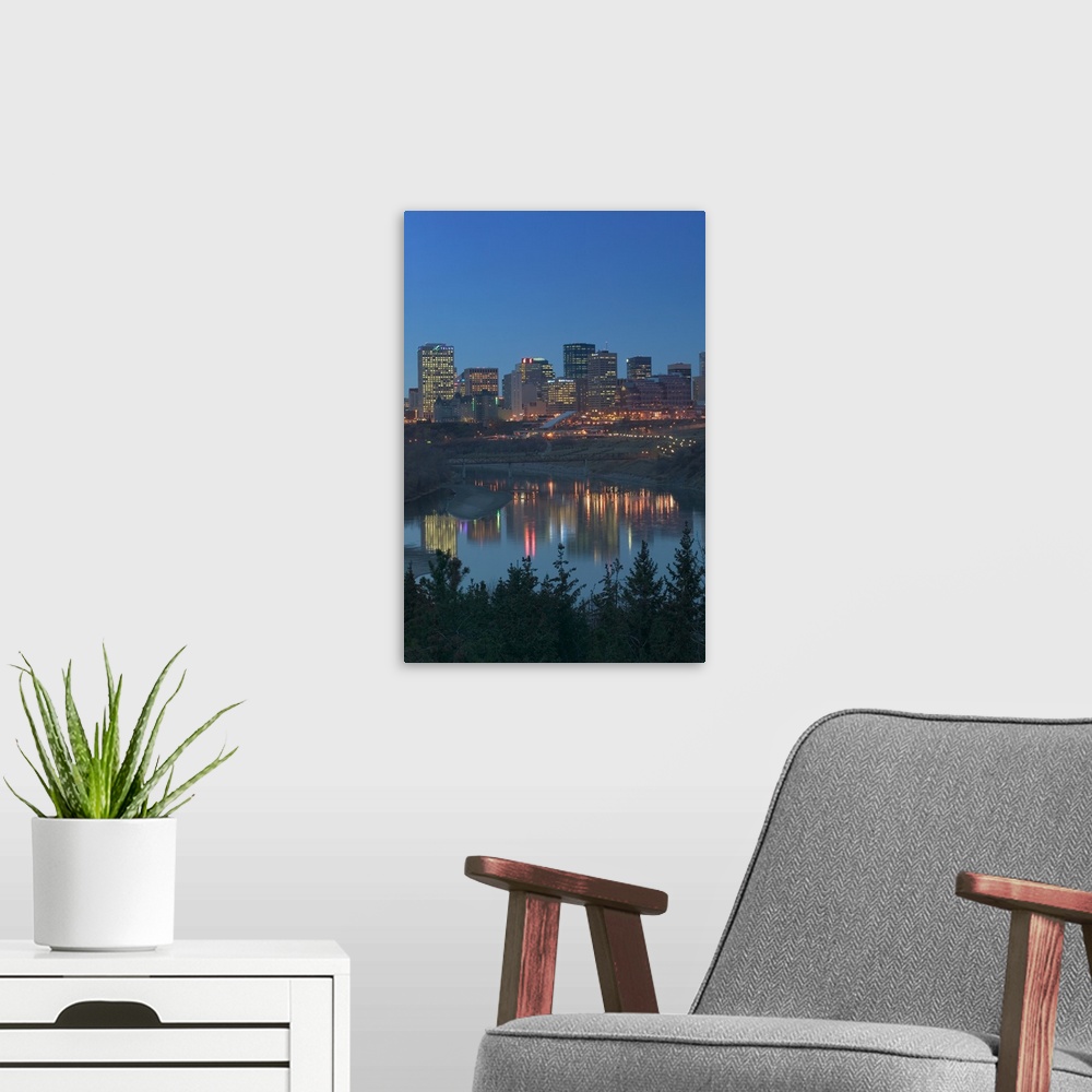 A modern room featuring Alberta, Edmonton, Downtown Skyline, Evening from above North Saskatchewan River