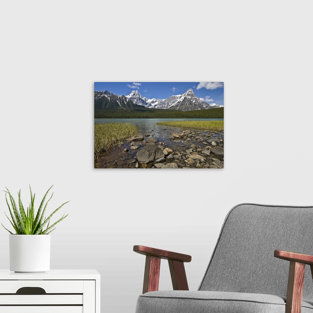 A modern room featuring North America, Canada, Alberta, Rocky Mountains, Banff National Park, lake fed by snowmelt in cre...