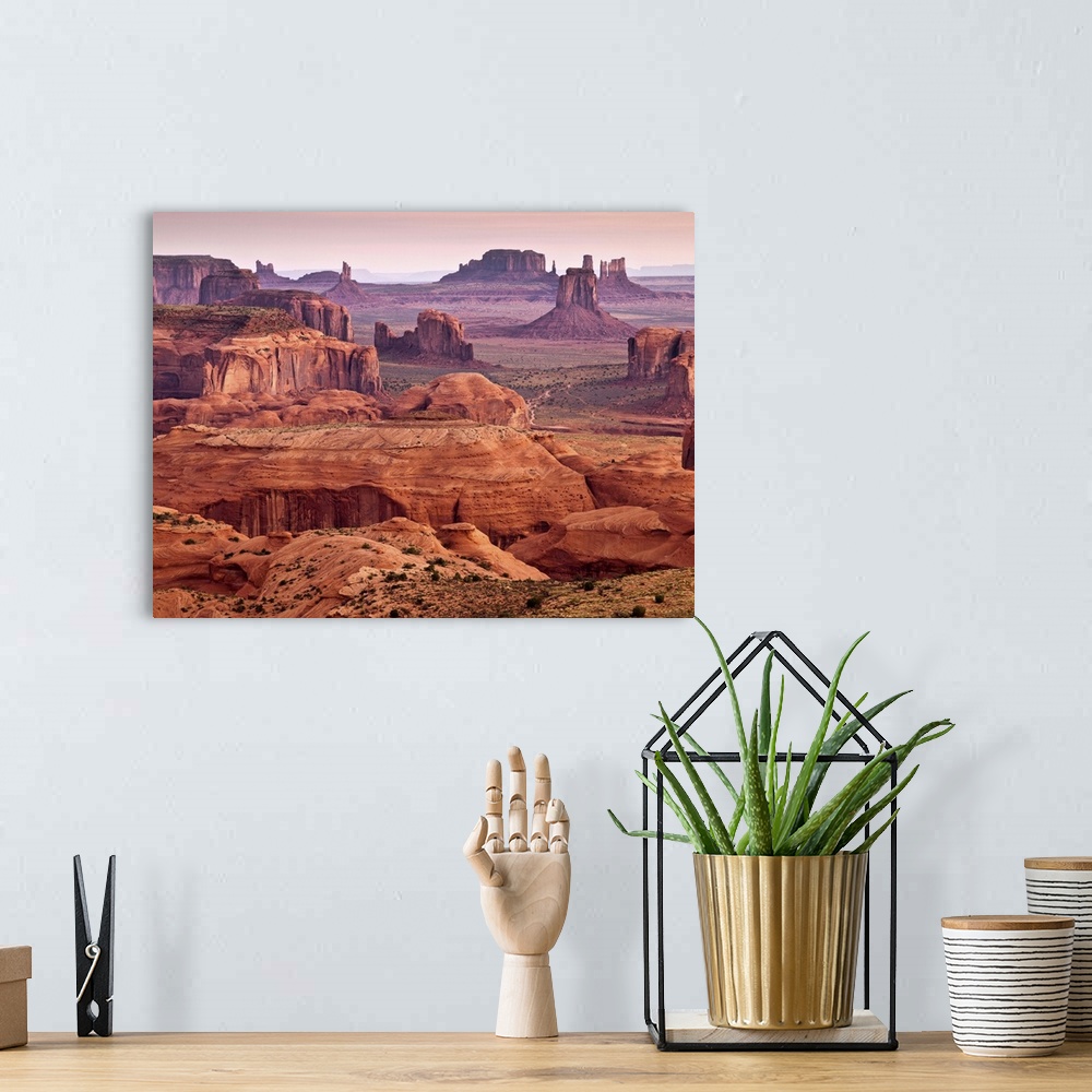A bohemian room featuring USA, Arizona, Monument Valley Navajo Tribal Park, View from Hunt's Mesa at dawn