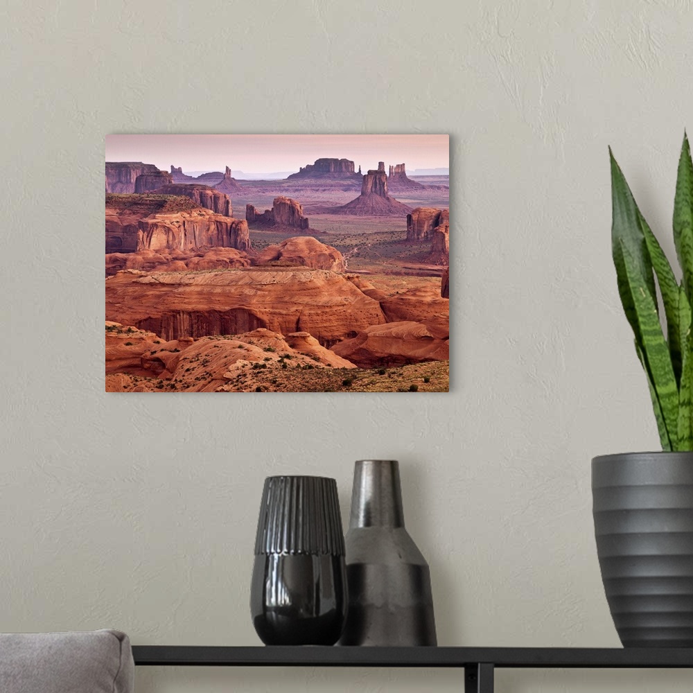 A modern room featuring USA, Arizona, Monument Valley Navajo Tribal Park, View from Hunt's Mesa at dawn