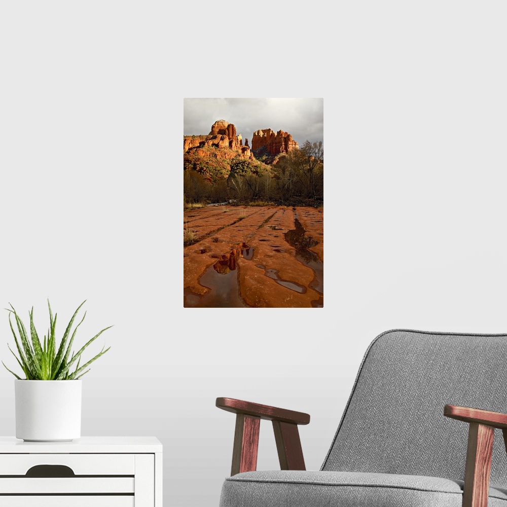 A modern room featuring USA, Arizona, Sedona, Red Rock Crossing. View of Cathedral Rocks at sunset.