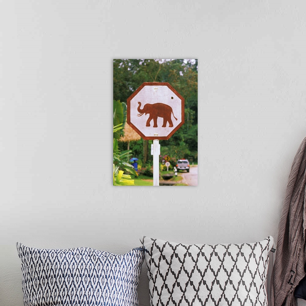 A bohemian room featuring Asia, Thailand, Lampang. Elephant Conservation Center, elephant crossing sign.
