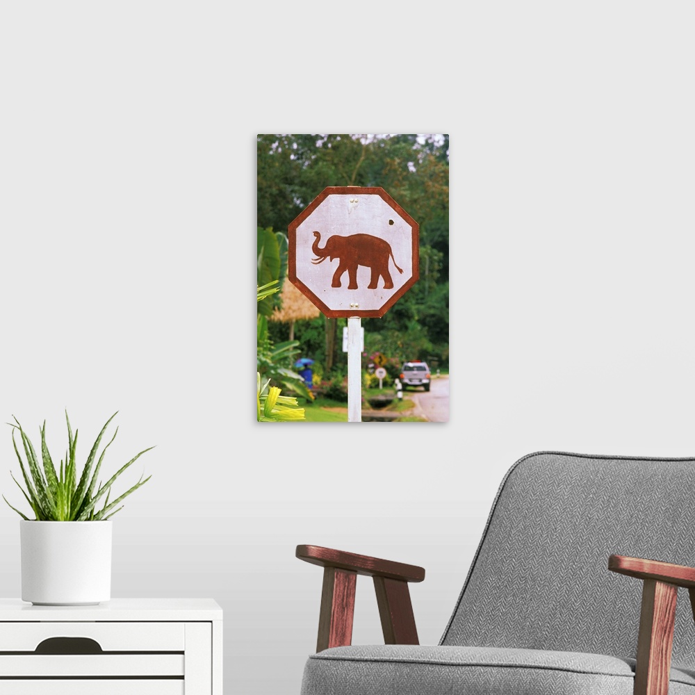 A modern room featuring Asia, Thailand, Lampang. Elephant Conservation Center, elephant crossing sign.