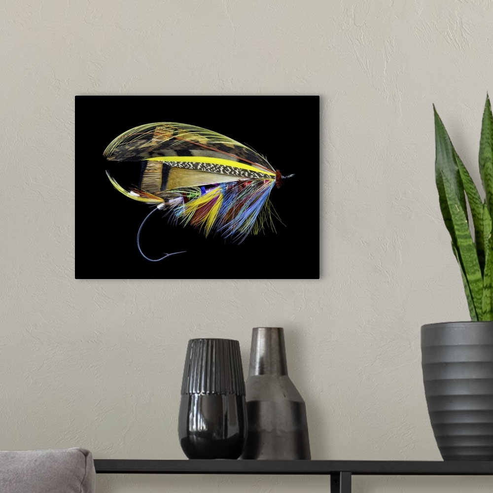 A modern room featuring Atlantic Salmon Fly Designs 'Blacker Unknown #1'