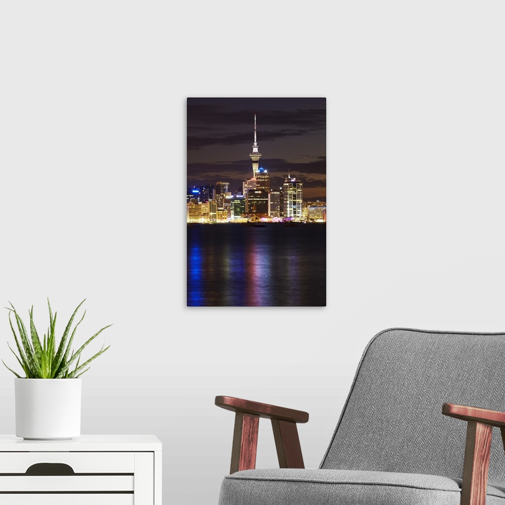 A modern room featuring Auckland CBD, Skytower, and Waitemata Harbour, North Island, New Zealand.