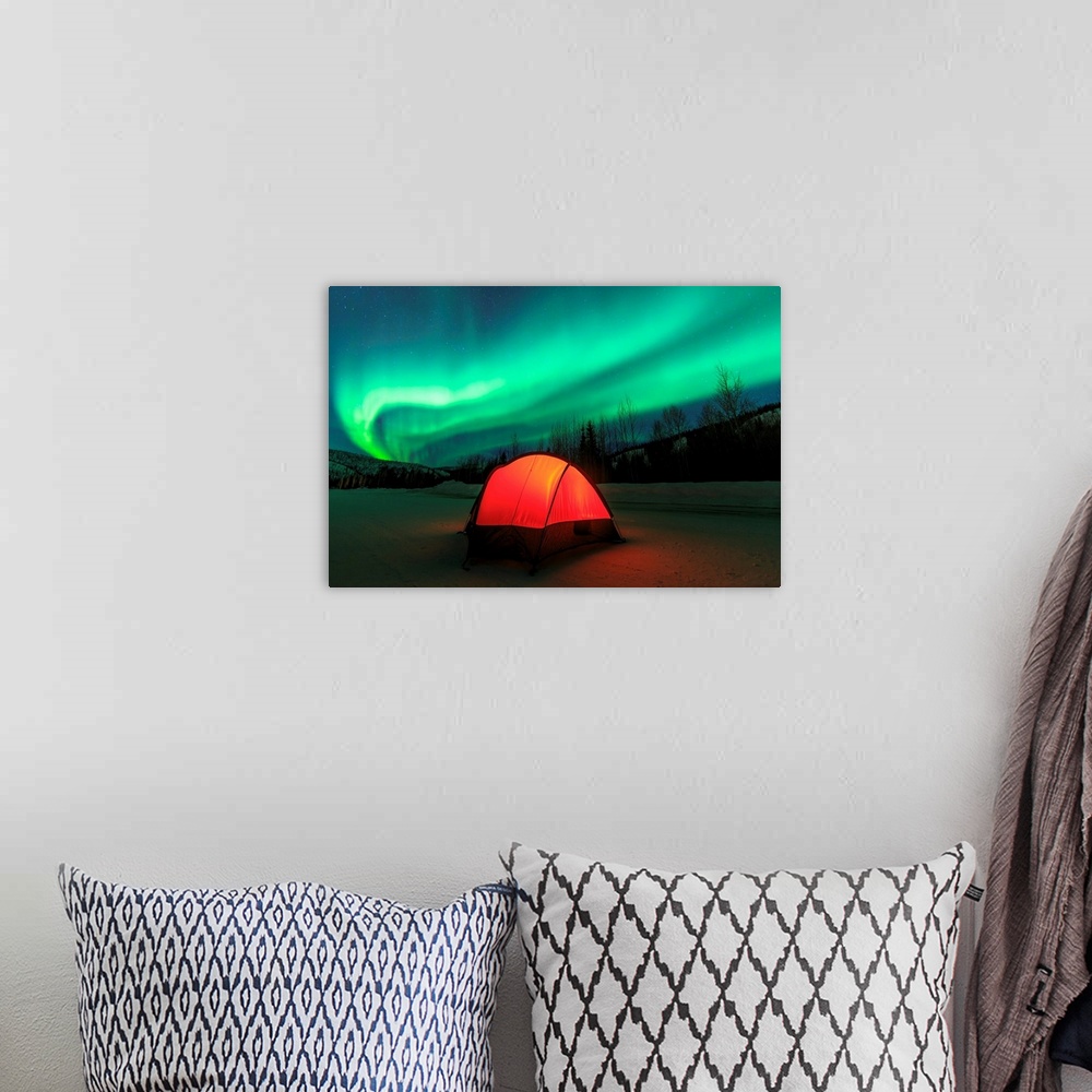 A bohemian room featuring Aurora borealis, northern lights near Fairbanks, Alaska.