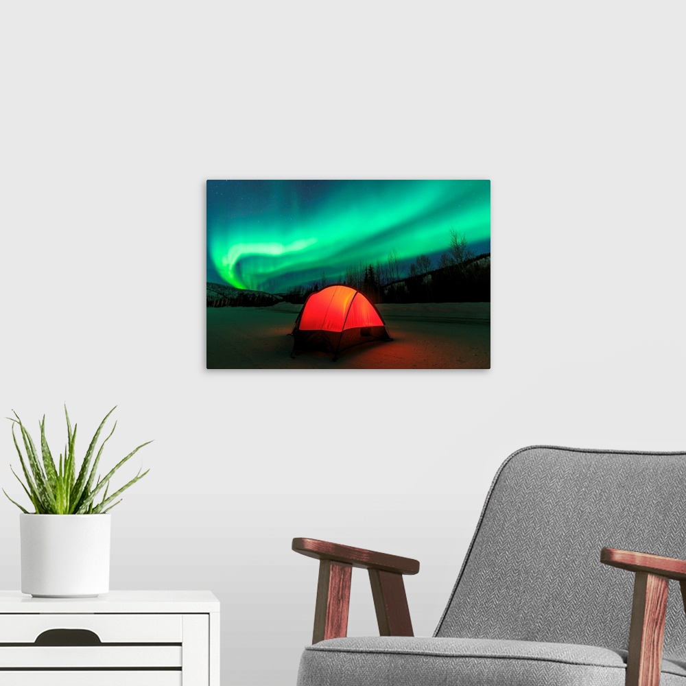 A modern room featuring Aurora borealis, northern lights near Fairbanks, Alaska.