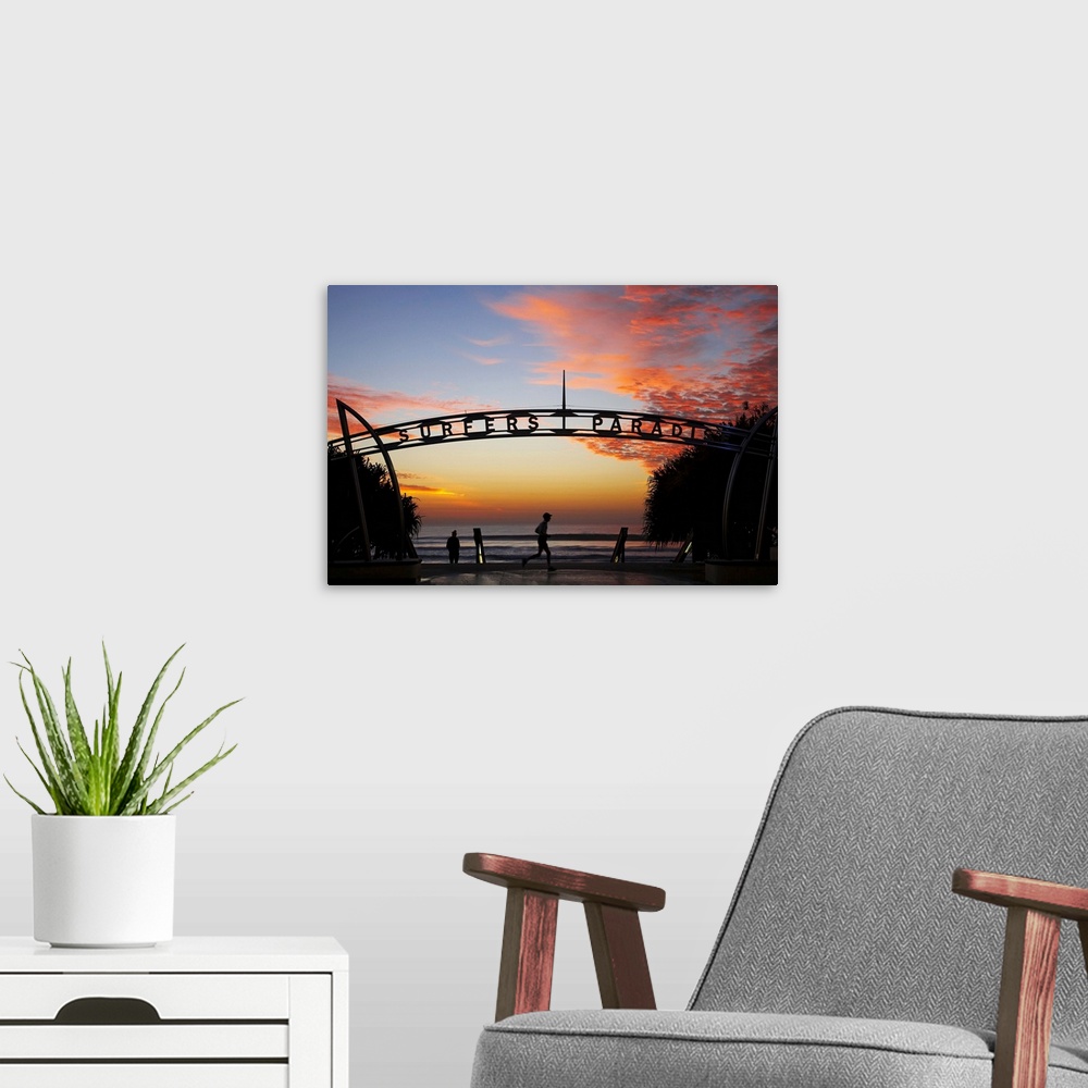 A modern room featuring Australia, Queensland, Gold Coast, Jogger and Sign at Sunrise, Surfers Paradise