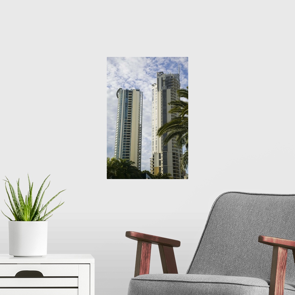 A modern room featuring AUSTRALIA, Queensland, Gold Coast, Surfer's Paradise. High rise apartment buildings.