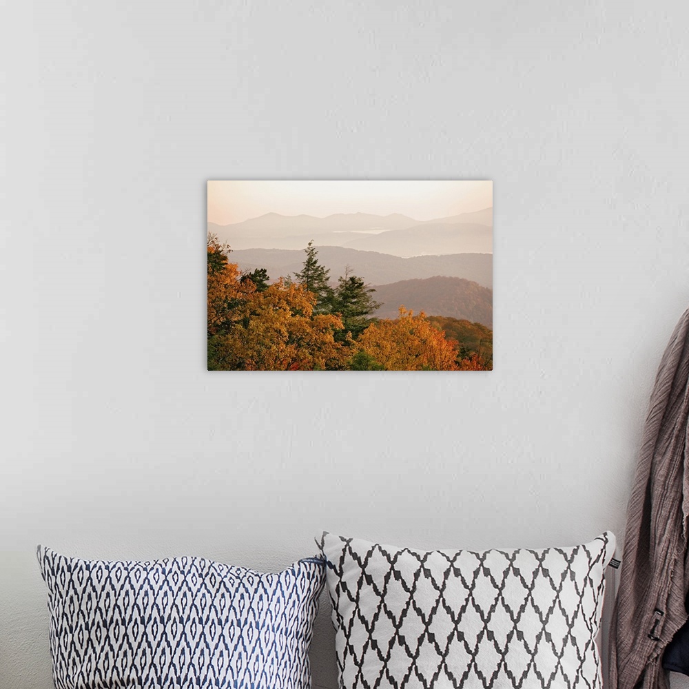 A bohemian room featuring Autumn colors in the southern Appalachian Mountains at sunrise, from Blue Ridge Parkway, Pisgah N...