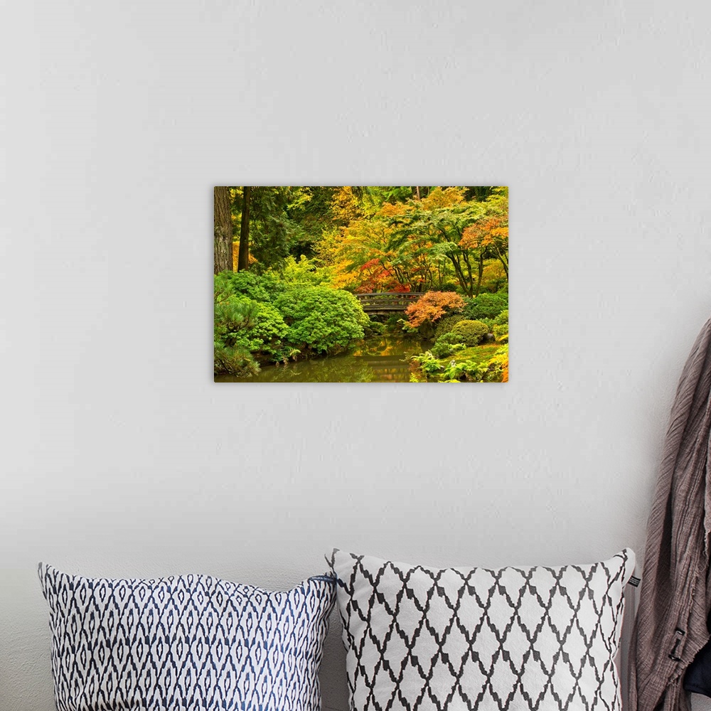 A bohemian room featuring autumn, Moon Bridge, Portland Japanese Garden, Portland, Oregon, USA