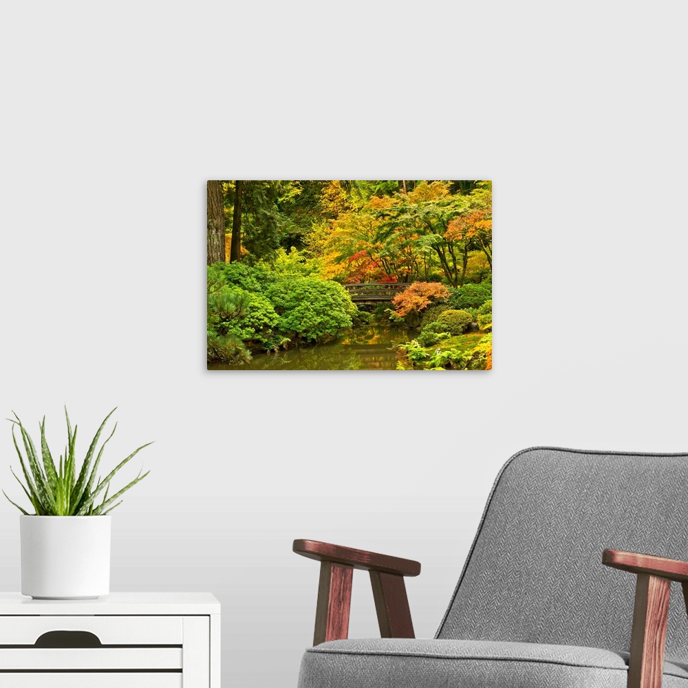 A modern room featuring autumn, Moon Bridge, Portland Japanese Garden, Portland, Oregon, USA