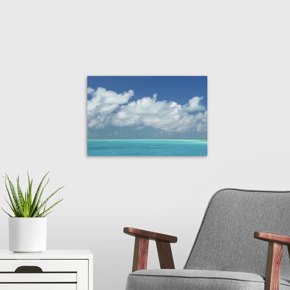 A modern room featuring Bahamas, Exuma Island. Seascape of aqua ocean.