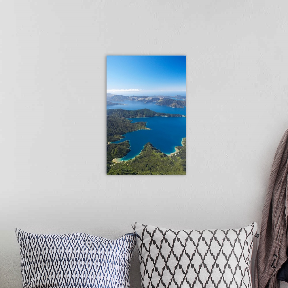 A bohemian room featuring Bay of Many Islands, Queen Charlotte Sound, Marlborough Sounds, South Island, New Zealand - aerial