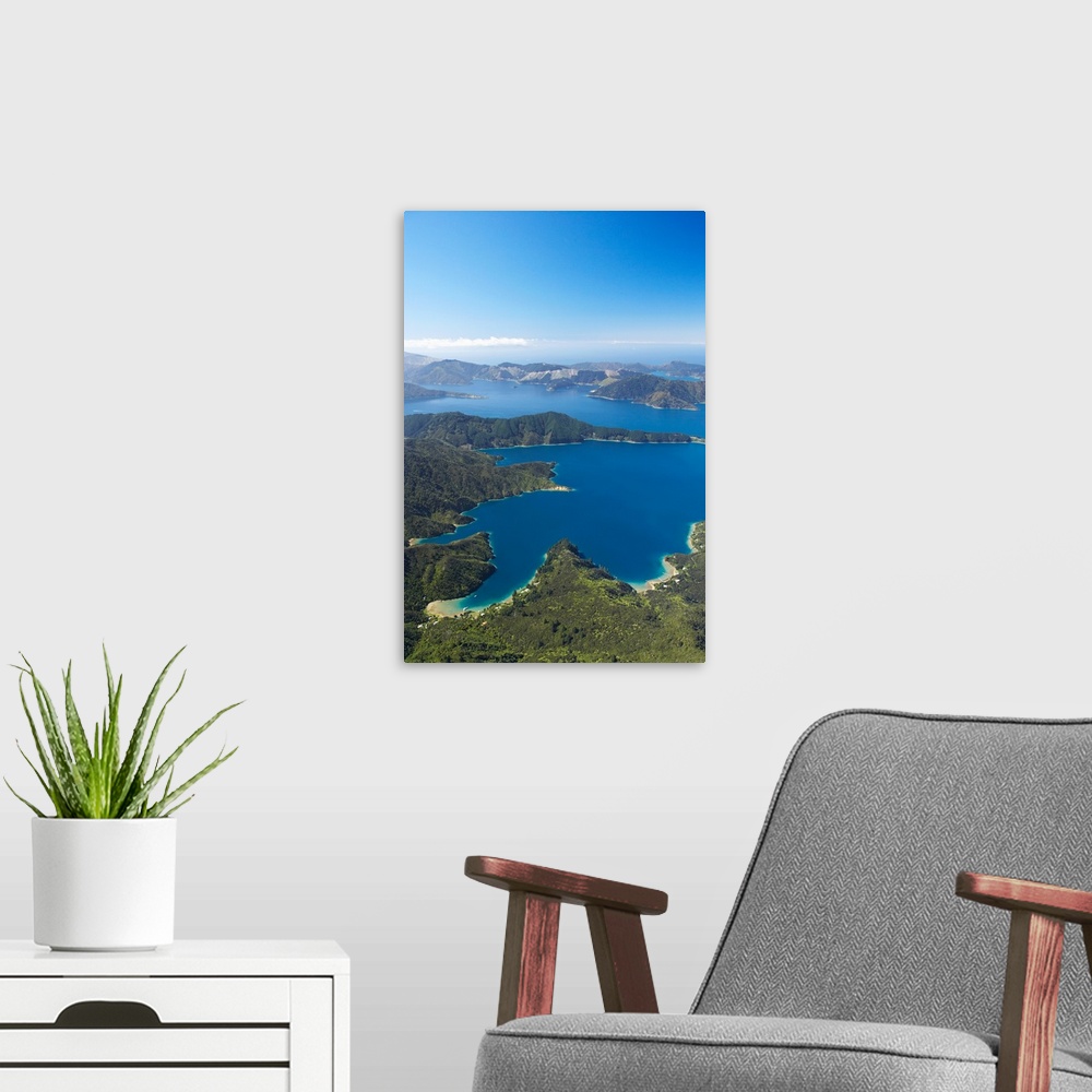 A modern room featuring Bay of Many Islands, Queen Charlotte Sound, Marlborough Sounds, South Island, New Zealand - aerial