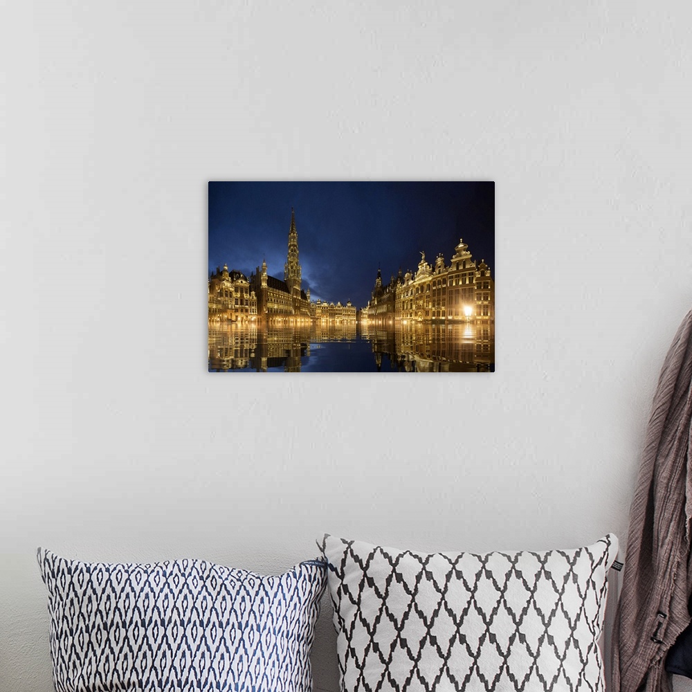 A bohemian room featuring Belgium, Brussels. Grand Place main square lit at twilight.