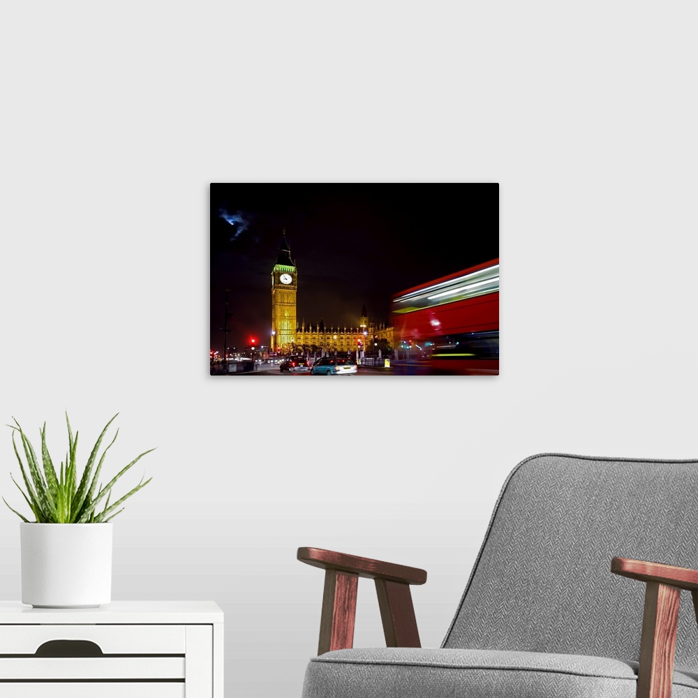 A modern room featuring UK, London. Big Ben and the Houses of Parliament at night.