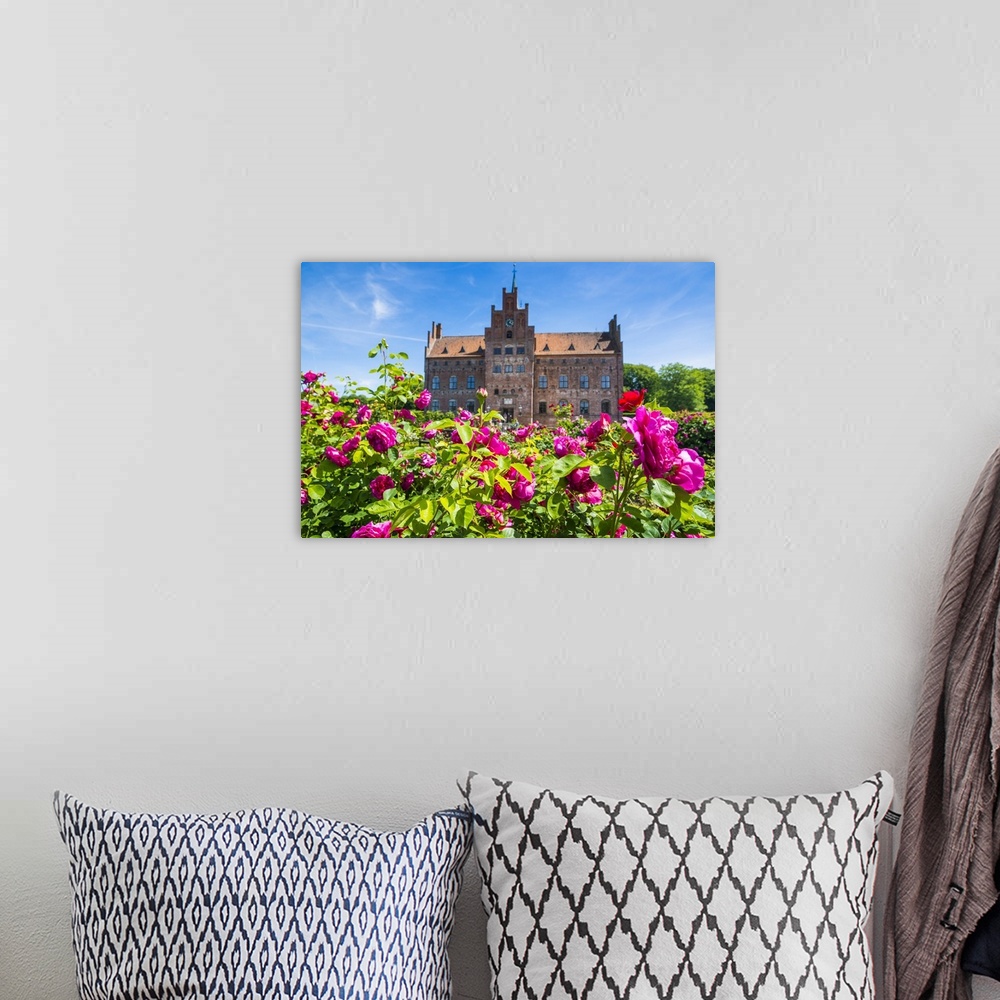 A bohemian room featuring Blooming roses before Castle Egeskov, Denmark.