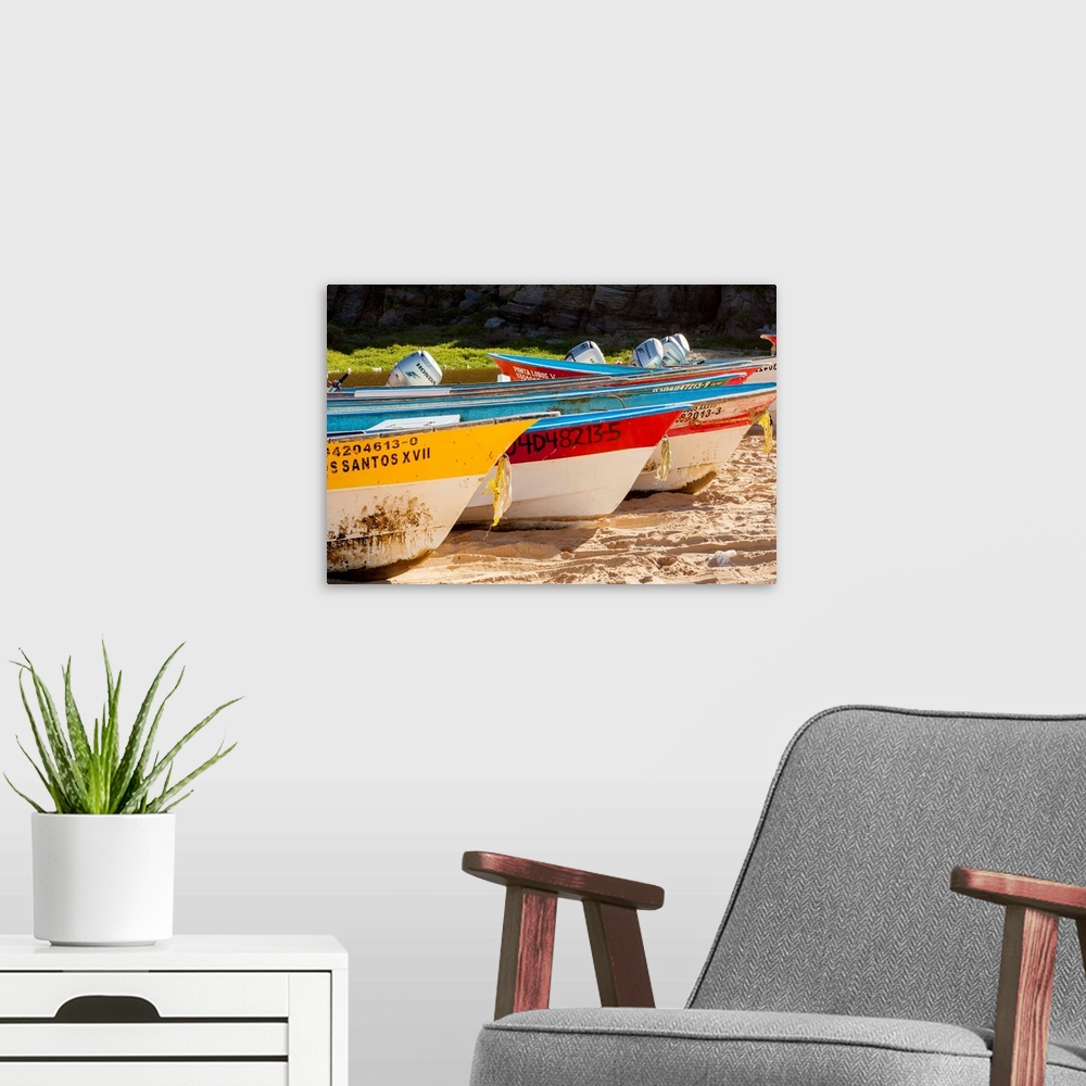 A modern room featuring North America, Mexico, Baja Calfornia Sur, Todos Santos, Cerritos Beach. Boats pulled up on the b...