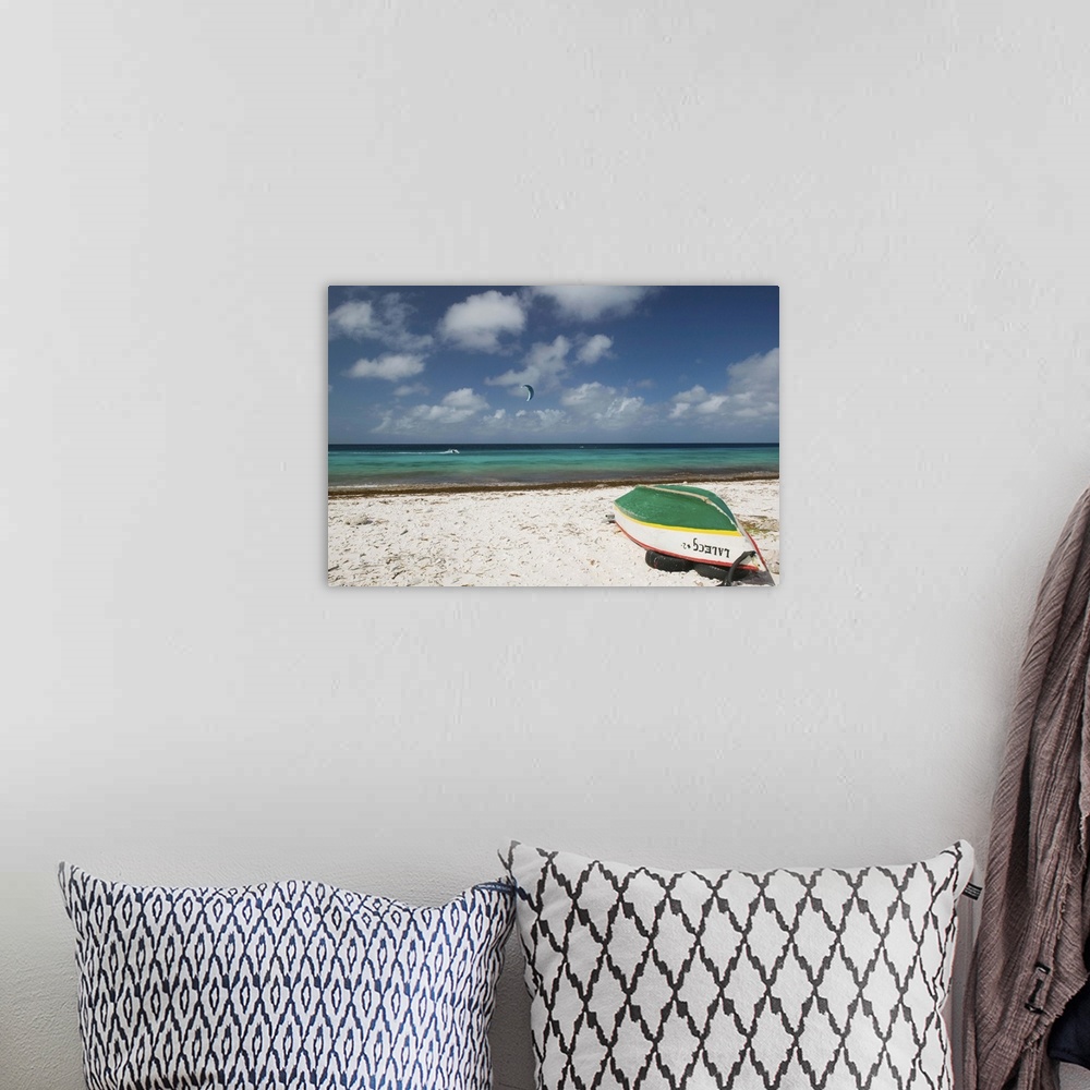 A bohemian room featuring ABC Islands - BONAIRE - Pink Beach: Beach View with Fishing Boat