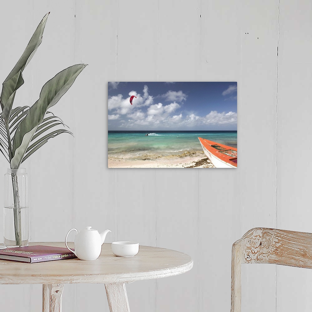 A farmhouse room featuring ABC Islands-BONAIRE-Pink Beach:.Beach View with Fishing Boat